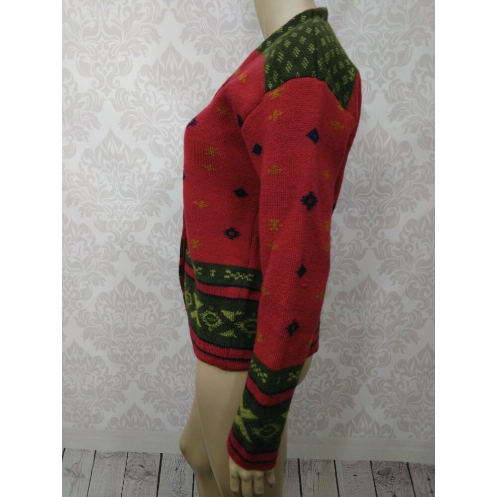 Vintage 90s Aztec Wool Cardigan Sweater Womens M Red Green Button Front - Picture 7 of 12